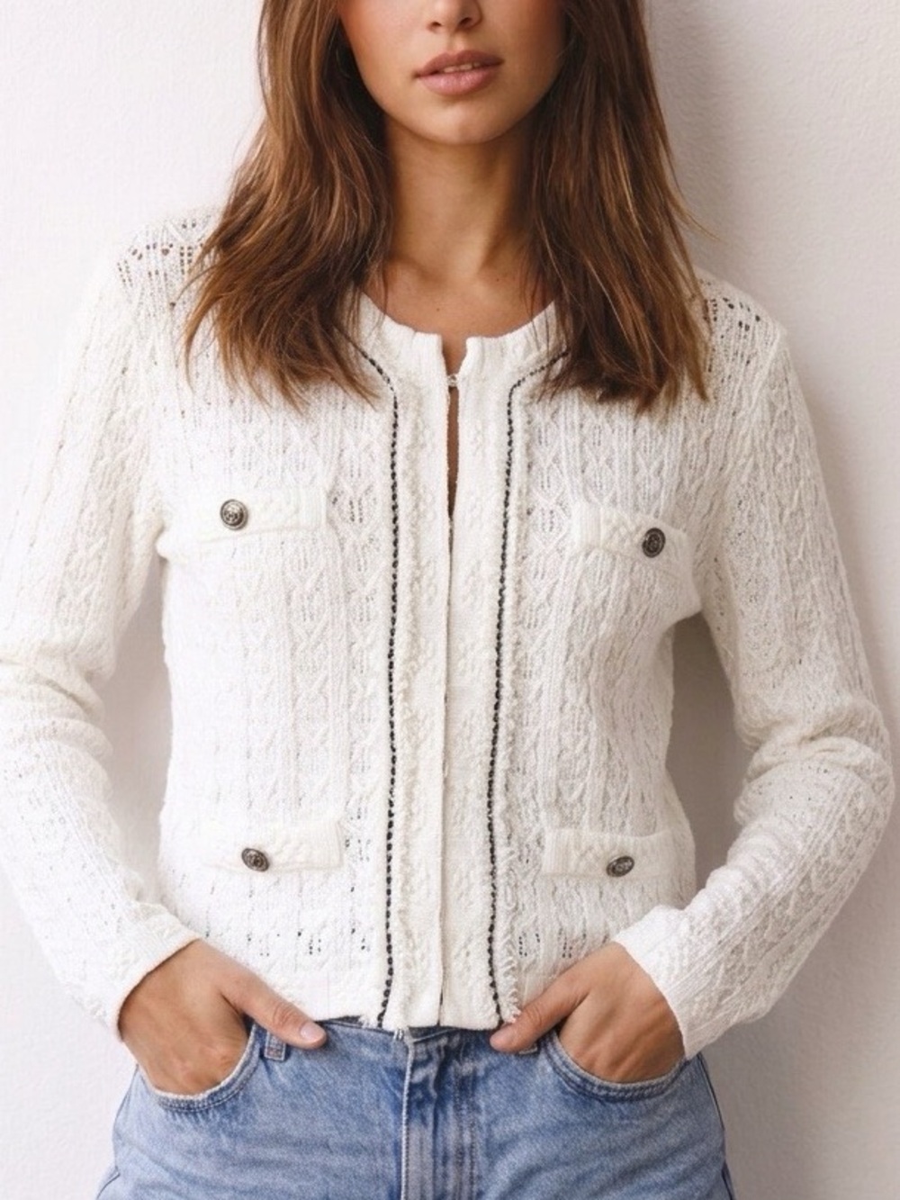 White House Black Market Textured Cream Knit Jacket with Black Accents Size XL✨